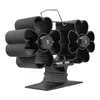 A black stove fan with two sets of fan blades, designed to sit on top of a wood-burning stove. Voir les images du produit