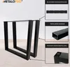 Two black metal table legs are shown in a studio setting, with close-up insets highlighting mounting holes, profile size, and height adjustment. Podgląd zdjęcia produktu