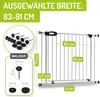 A diagram showing a white safety gate with dimensions and included accessories. Produktbild-Vorschau