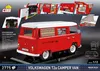A red Volkswagen T2a camper van model made of building blocks, displayed on a black base with various inset images showing details of the model and its features. Náhled obrázku produktu