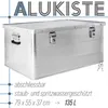 A silver aluminum box with a lid, shown from a slightly elevated front-left angle. Text overlays describe its features and dimensions. Voir les images du produit