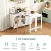 A kitchen or dining area with a white sideboard and a pull-out table, featuring various kitchen items and icons below. Produktbild-Vorschau