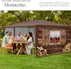 A group of people are enjoying a meal under a brown gazebo with a rustic wooden facade. Náhled obrázku produktu