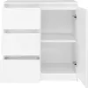 A white cabinet with three drawers on the left and an open door revealing shelves on the right. Produktbild-Vorschau