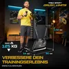 A man stands next to a stationary bike in a home gym setting, with product specifications overlaid on the image. Produktbild-Vorschau