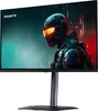 A GIGABYTE gaming monitor on a stand, displaying a futuristic warrior image. Produktbild-Vorschau