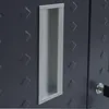 A close-up view of a dark gray metal cabinet with a recessed handle and a key lock. Voir les images du produit