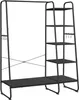 A black metal and wood garment rack with shelves. Náhled obrázku produktu