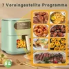 A green air fryer is shown with a collage of food images, highlighting its cooking capabilities. Podgląd zdjęcia produktu