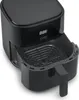 A black air fryer with its basket pulled out, showing the interior basket and a digital display on the front. Produktbild-Vorschau