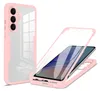 A pink and clear phone case with a screen protector, shown from two angles. Produktbild-Vorschau