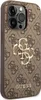 A close-up, professional studio shot of a brown Guess phone case for an iPhone 15 Pro Max, featuring the brand's signature '4G' logo pattern and a prominent metallic 'GUESS' logo. Náhled obrázku produktu
