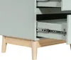 Close-up view of the drawer slides and wooden legs of a light green cabinet. Podgląd zdjęcia produktu