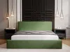 A green upholstered bed with a headboard, set up in a bedroom with nightstands and decorative wall art. Produktbild-Vorschau
