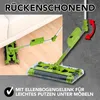 A green electric broom is shown cleaning under a sofa, with a close-up inset demonstrating its maneuverability. Produktbild-Vorschau