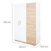 A three-door wardrobe with a white body and a wood-effect panel on the right side, with dimensions indicated. Produktbild-Vorschau