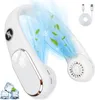 A white neck fan with a digital display showing '100%', and blue air flow with green leaves and snowflakes to illustrate cooling. Ice cubes and mint leaves are shown in the bottom left corner, and a white USB charging cable is in the top right corner. Produktbild-Vorschau