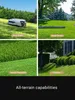 A collage of four images showcasing a robotic lawnmower in different terrains and grass conditions, with a text overlay at the bottom. Produktbild-Vorschau