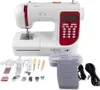 A white and red sewing machine with various accessories laid out in front of it, on a white background. Produktbild-Vorschau