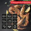 A close-up shot of grilled prawns with lemon wedges and a small bowl of green sauce, overlaid with a grid of icons representing different food types and a red banner with text. Produktbild-Vorschau