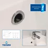 A collage of images showing a sink overflow cover, technical drawings, and a faucet on a sink. Produktbild-Vorschau