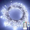 A coiled string of white LED lights with a remote control and USB connector. Produktbild-Vorschau