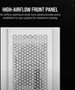 A close-up of a white computer case front panel with a triangular perforation pattern, accompanied by marketing text. Produktbild-Vorschau