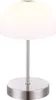 A white table lamp with a silver base and stem, and a white dome-shaped shade. Produktbild-Vorschau