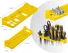 A collage of yellow tool organizers with various tools, including screwdrivers and bits, displayed. Voir les images du produit