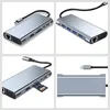 A collage of four images showing a USB-C docking station from different angles and close-ups. Produktbild-Vorschau
