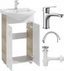 A bathroom vanity with a sink and faucet, along with plumbing parts, displayed against a white background. Voir les images du produit