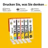 A set of ink cartridges arranged in a holder against a yellow background, with marketing text at the top. Produktbild-Vorschau