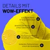 A close-up of a yellow beanbag with text overlays highlighting its features. Produktbild-Vorschau