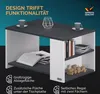 A modern coffee table with storage shelves, presented in a studio setting with decorative elements and text overlays highlighting its features. Anteprima dell’immagine prodotto
