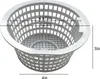 A white plastic skimmer basket for an above-ground swimming pool, with dimensions indicated by text overlays. Produktbild-Vorschau