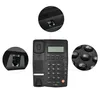 A black corded desk phone is shown against a white background, with close-up insets highlighting its features. Produktbild-Vorschau