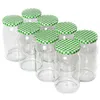 A group of empty glass jars with green and white checkered lids. Produktbild-Vorschau