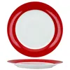 A top-down and side view of a white plate with a red rim. Produktbild-Vorschau