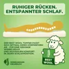A marketing image showing a diagram of a spine on a mattress topper, with a cartoon sheep holding a sign. Produktbild-Vorschau