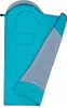 A teal and gray sleeping bag is shown laid out on a white background. The sleeping bag is partially unzipped, revealing the gray interior. Náhľad obrázku produktu