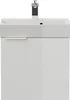 A white bathroom vanity with a sink and faucet. Produktbild-Vorschau