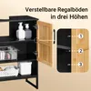 A close-up view of a black bathroom cabinet with a wooden door ajar, showing internal shelves and items. A magnified inset highlights adjustable shelf positions. Podgląd zdjęcia produktu