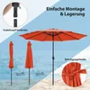 Collage showing an orange patio umbrella in use and folded, with text explaining assembly and storage. Produktbild-Vorschau