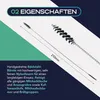 A cleaning brush for a coffee machine is shown with its dimensions and features described. Produktbild-Vorschau