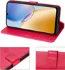 A collage of images showing a red flip phone case with a smartphone inside, and close-ups of the case's details. Produktbild-Vorschau