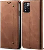 A brown leather flip case for a smartphone is shown from the front and back. Produktbild-Vorschau