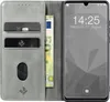 A grey flip cover phone case with card slots and a banknote is shown open, revealing a smartphone screen displaying the time and date. Produktbild-Vorschau