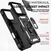 A black phone case with various features highlighted by text overlays. Produktbild-Vorschau
