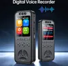 Two digital voice recorders are shown, one larger and one smaller, against a dark, abstract background. The larger recorder's screen displays a user interface with icons for music, recording, settings, and a trash can. The smaller recorder's screen shows p Náhled obrázku produktu