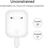A white charging case for wireless earbuds is shown connected to a charging cable, with text overlays highlighting features. Produktbild-Vorschau